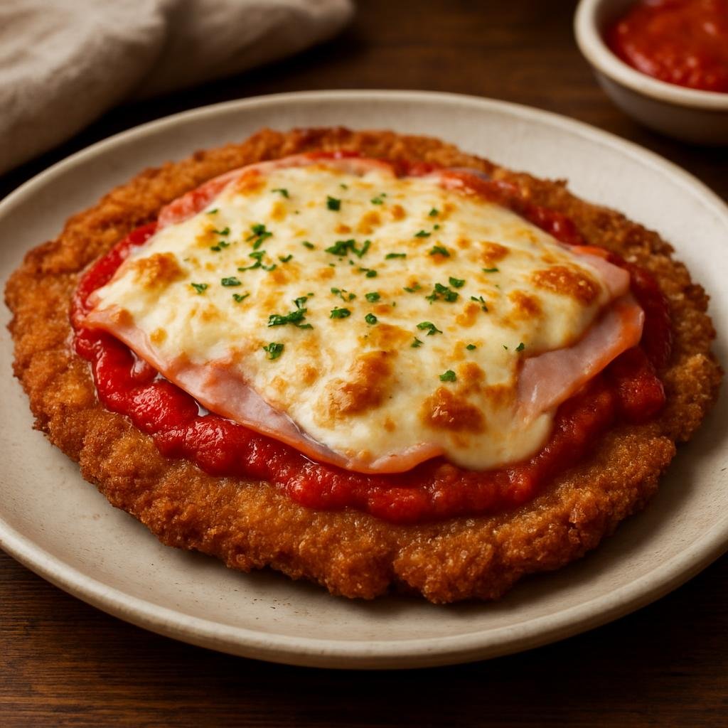 Entree: Argentina – Buenos Aires – Milanesa a la Napolitana (Breaded thin beef cutlets topped with tomato sauce, ham and melted cheese) recipe