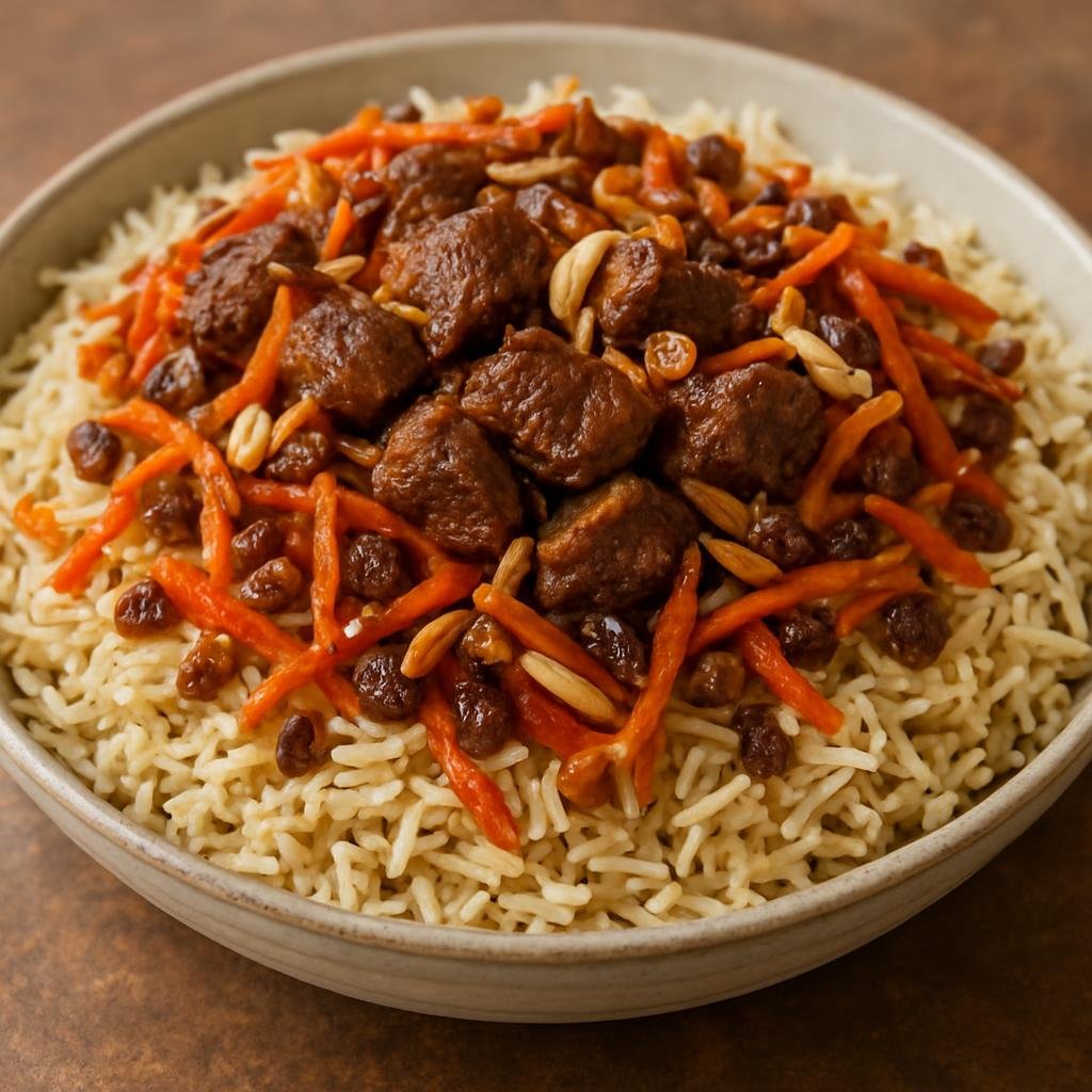 Entree: Afghanistan – Herat & Western Afghanistan – کابلی پلو ➤ Kābuli Pulao (Afghan steamed basmati rice pilaf layered with tender spiced lamb, caramelized carrots, raisins, and toasted nuts) recipe