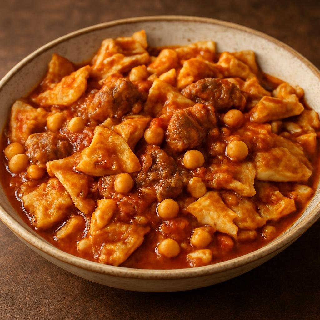 Entree: Algeria – Constantine & East – الشخشوخة ➤ Chakhchoukha (Algerian torn flatbread served in a robust spiced tomato-and-meat stew with chickpeas) recipe