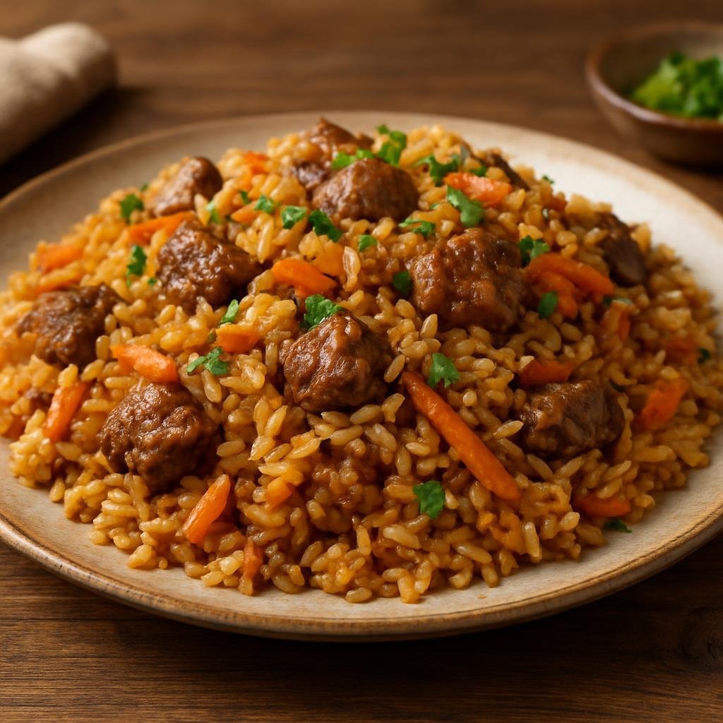Entree: Azerbaijan – Caspian Azerbaijan – Plov (Aromatic Azerbaijani rice pilaf cooked with lamb, carrots, onions, and fragrant spices) recipe