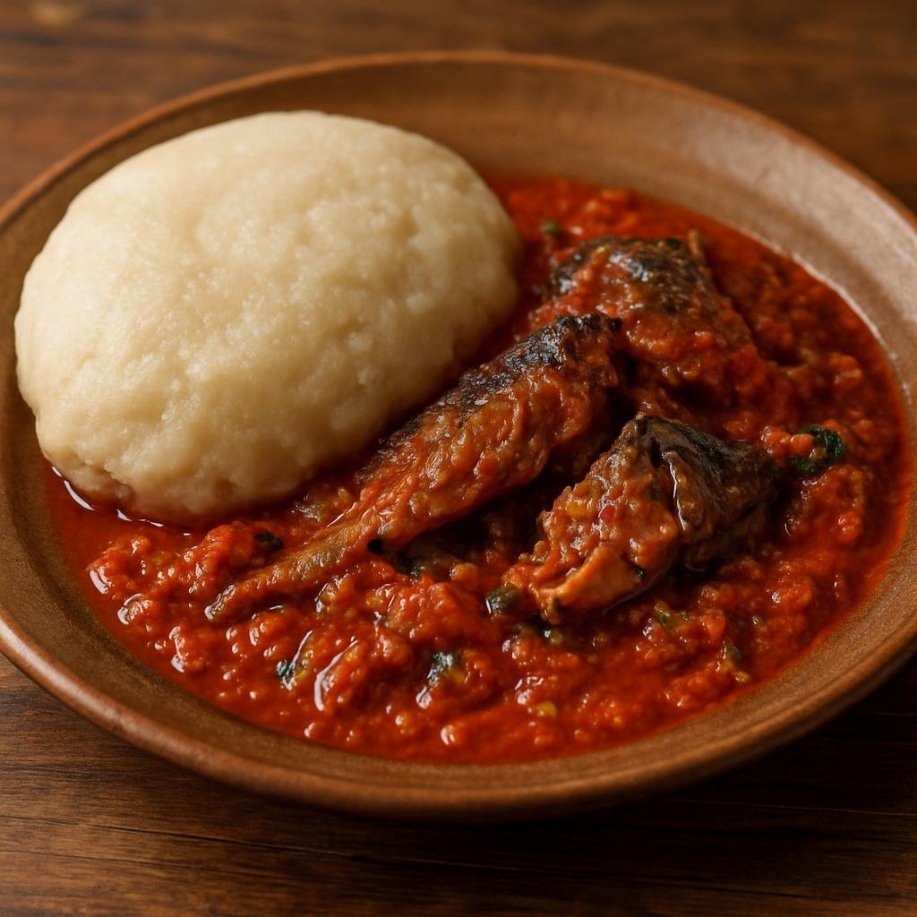 Entree: Ghana – Ewe Volta Cuisine – Akple with Abobi Tadi (Firm cornmeal dumpling served with a spicy smoked-fish tomato stew) recipe