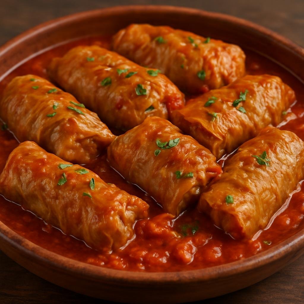 Entree: Romania – Moldavia – Sarmale (Cabbage leaves stuffed with seasoned minced meat and rice, slow-cooked in a tomato-based sauce) recipe