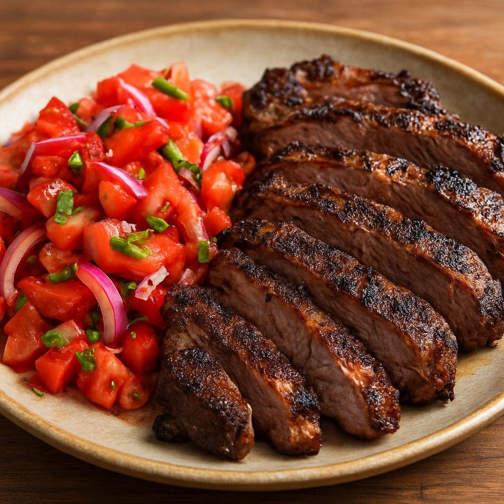 Entree: Tanzania – Northern Tanzania – Nyama Choma (Charcoal-grilled spiced goat or beef traditionally served sliced with a fresh tomato-onion relish) recipe