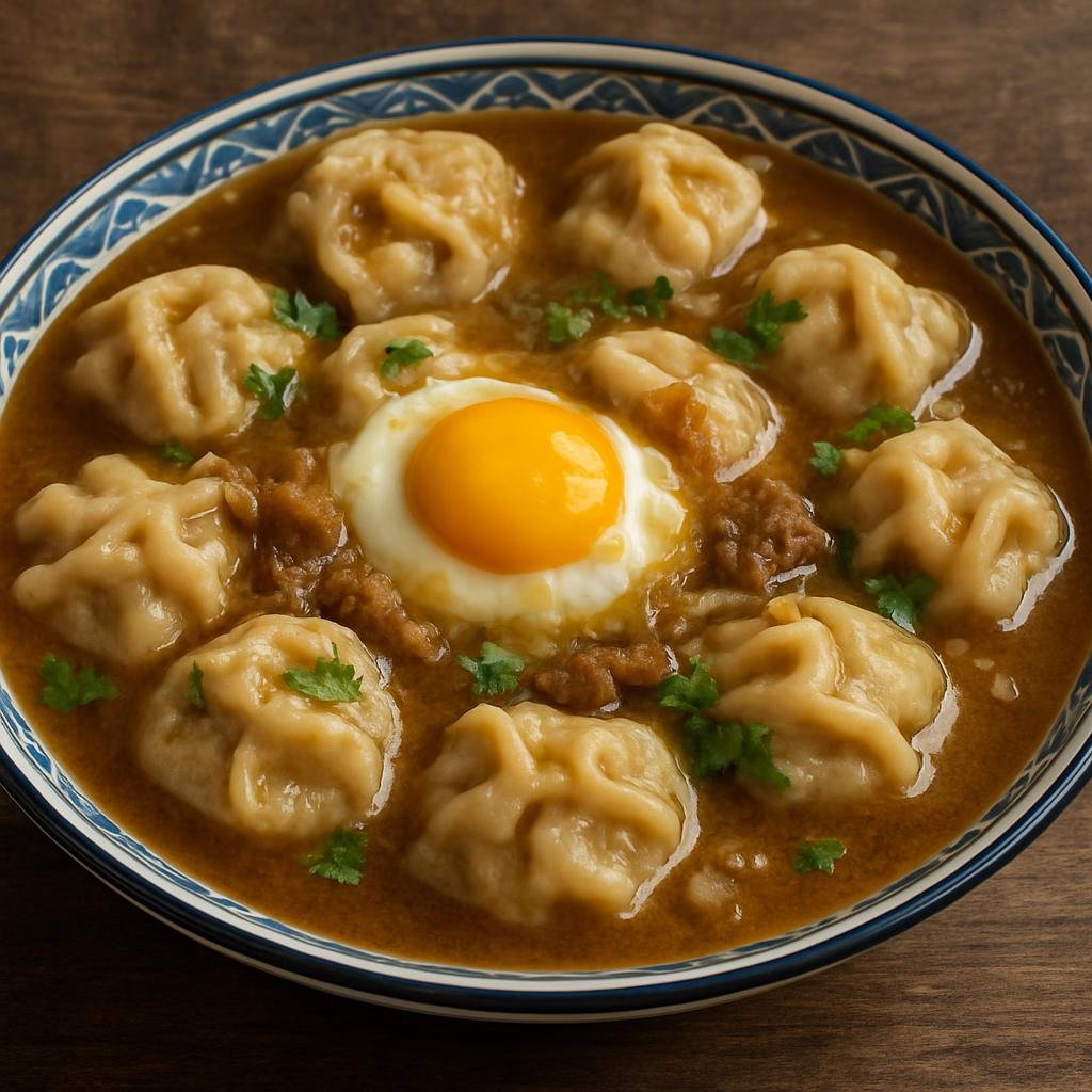 Entree: Uzbekistan – Khiva / Khorezm – Tukhum Barak (Small Khorezm-style dumplings filled with egg and lamb, served in a rich lamb-onion broth) recipe