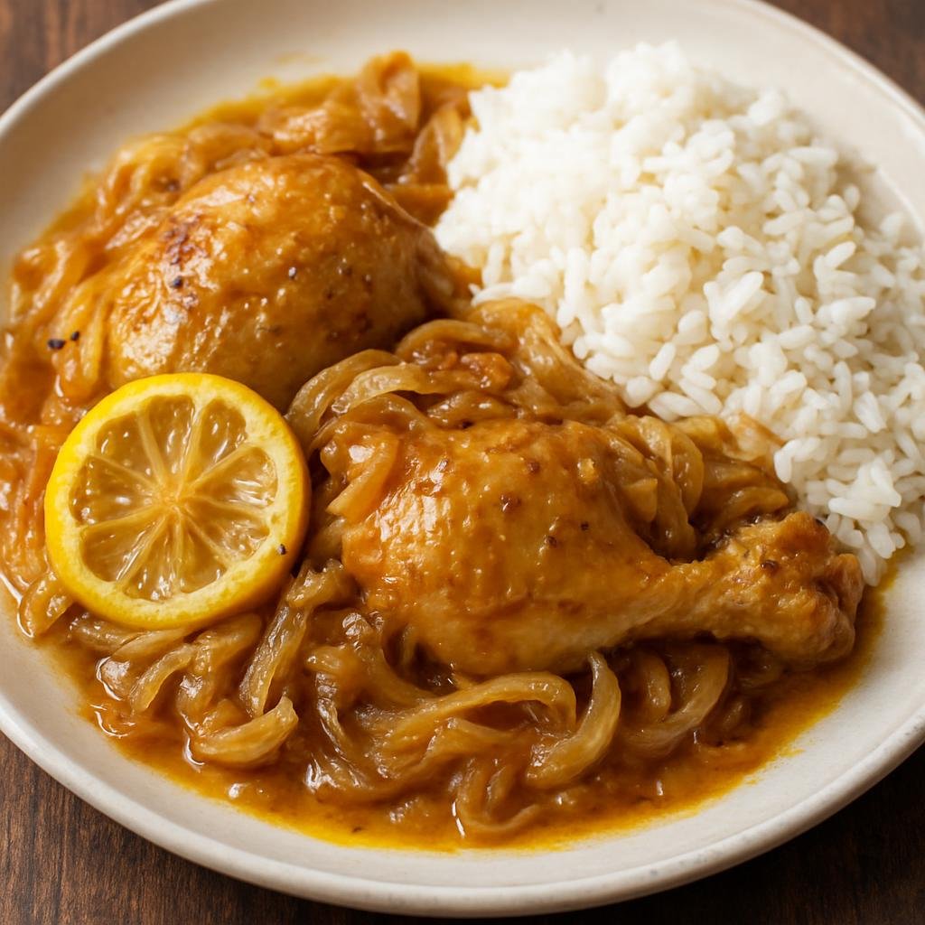 Entree: Burkina Faso – Northern Culinary Region – Poulet Yassa (Marinated and braised chicken with caramelized onions, lemon, and mustard served with rice) recipe