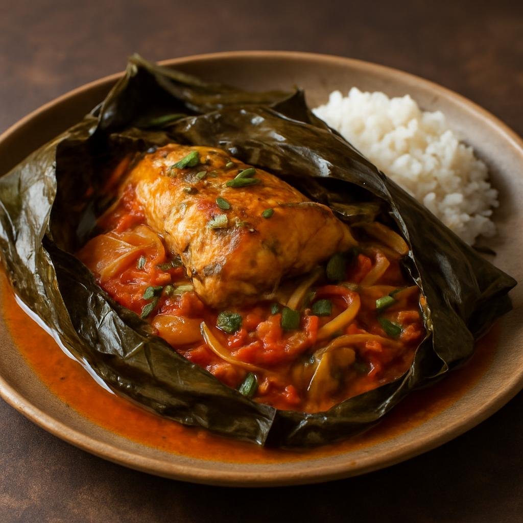 Entree: Democratic Republic of the Congo – Northern Culinary Region – Liboké de Poisson (Fish wrapped in leaves and steamed with aromatic vegetables and palm oil) recipe