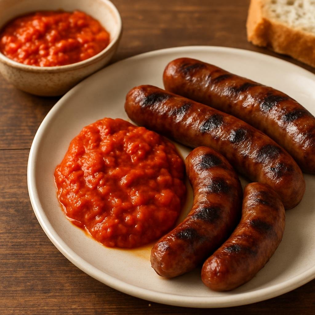 Entree: North Macedonia – Southern Culinary Region – Ајвар со печени наденици ➤ Ajvar so pecheni nadenici (Roasted red pepper and eggplant relish served with grilled sausages) recipe