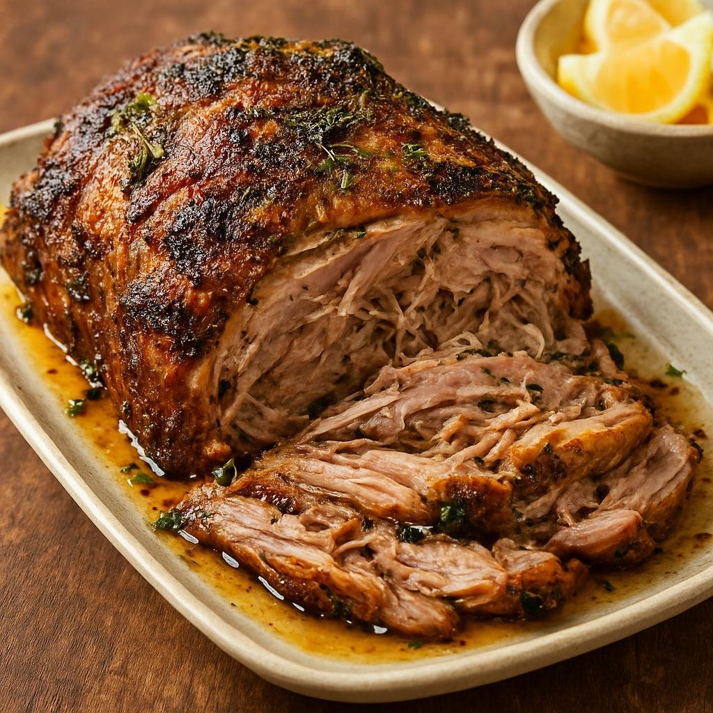 Entree: Puerto Rico – Southern Culinary Region – Pernil Asado (Slow-roasted marinated pork shoulder flavored with garlic, citrus, and oregano) recipe