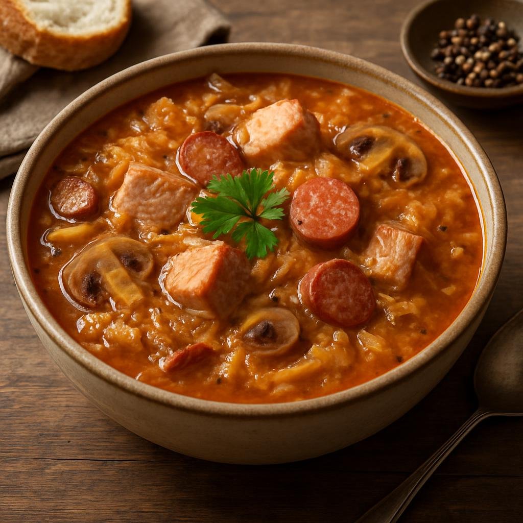 Entree: Slovakia – Southern Culinary Region – Kapustnica (A hearty Slovak sauerkraut soup with smoked pork, sausage, mushrooms, and aromatic spices served as a warming main dish) recipe