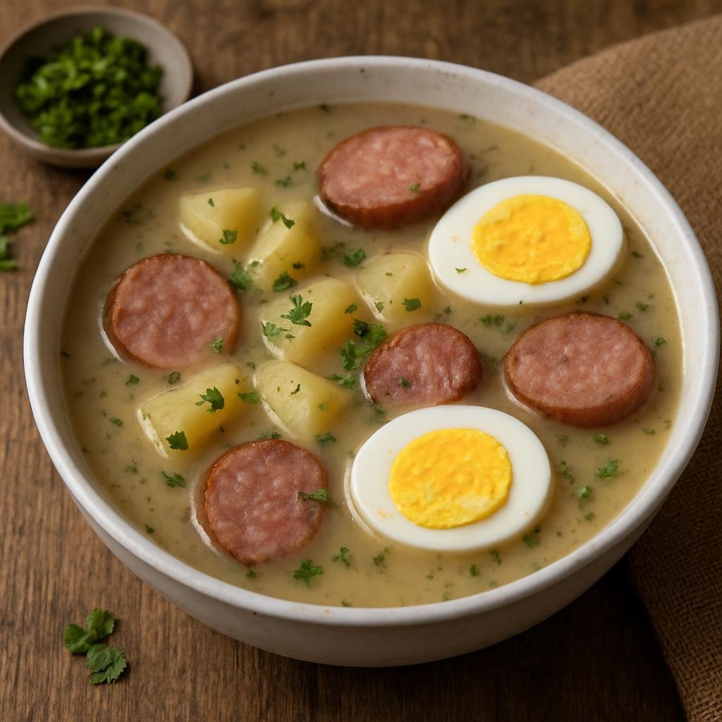 Entree: Poland – Lesser Poland / Krakow – Żurek z Kiełbasą (Traditional Polish sour rye soup with smoked sausage, potatoes, and hard-boiled eggs) recipe