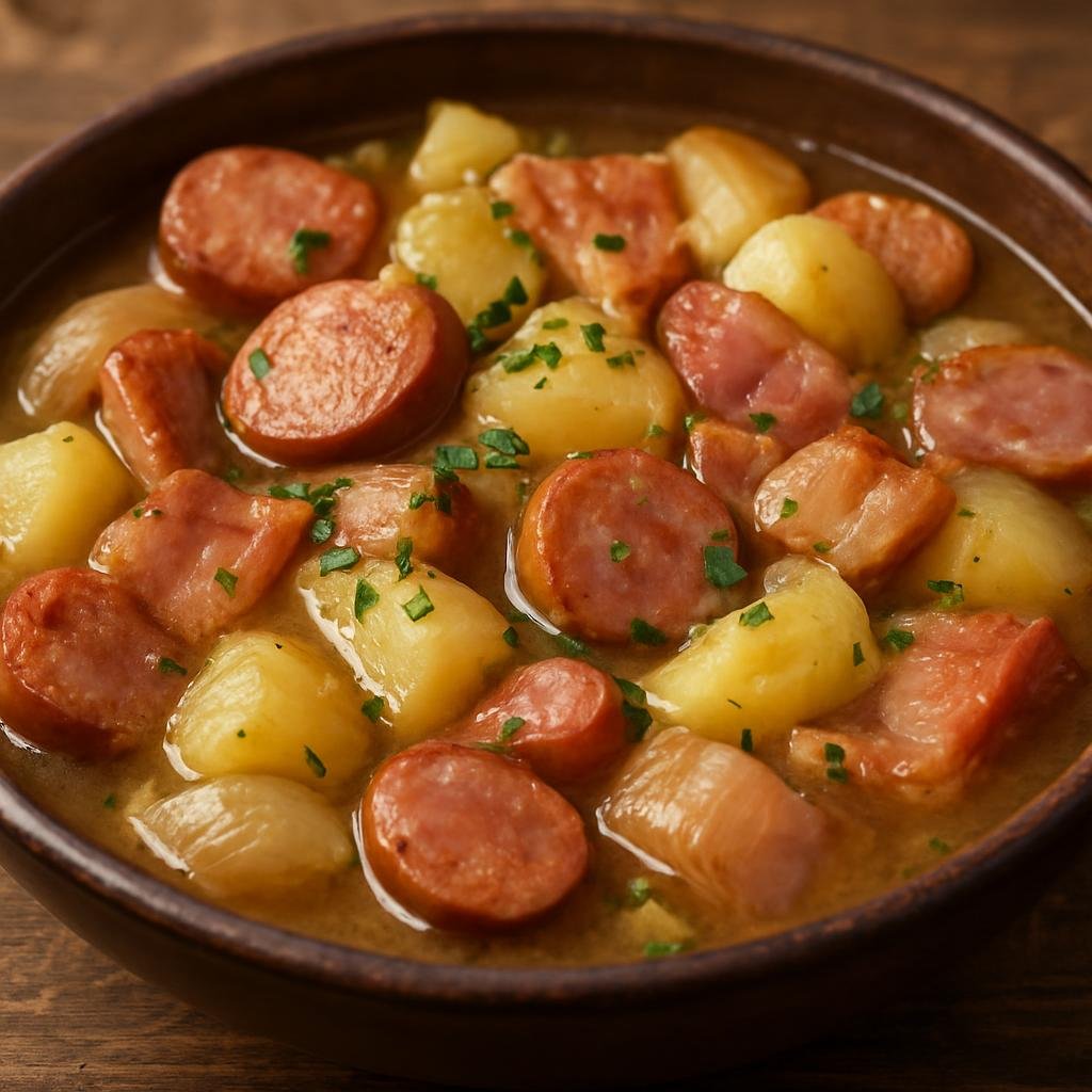 Entree: Ireland – Irish Pub Classics – Dublin Coddle (Hearty Dublin stew of sausages, back bacon, potatoes, and onions slowly simmered in stock) recipe