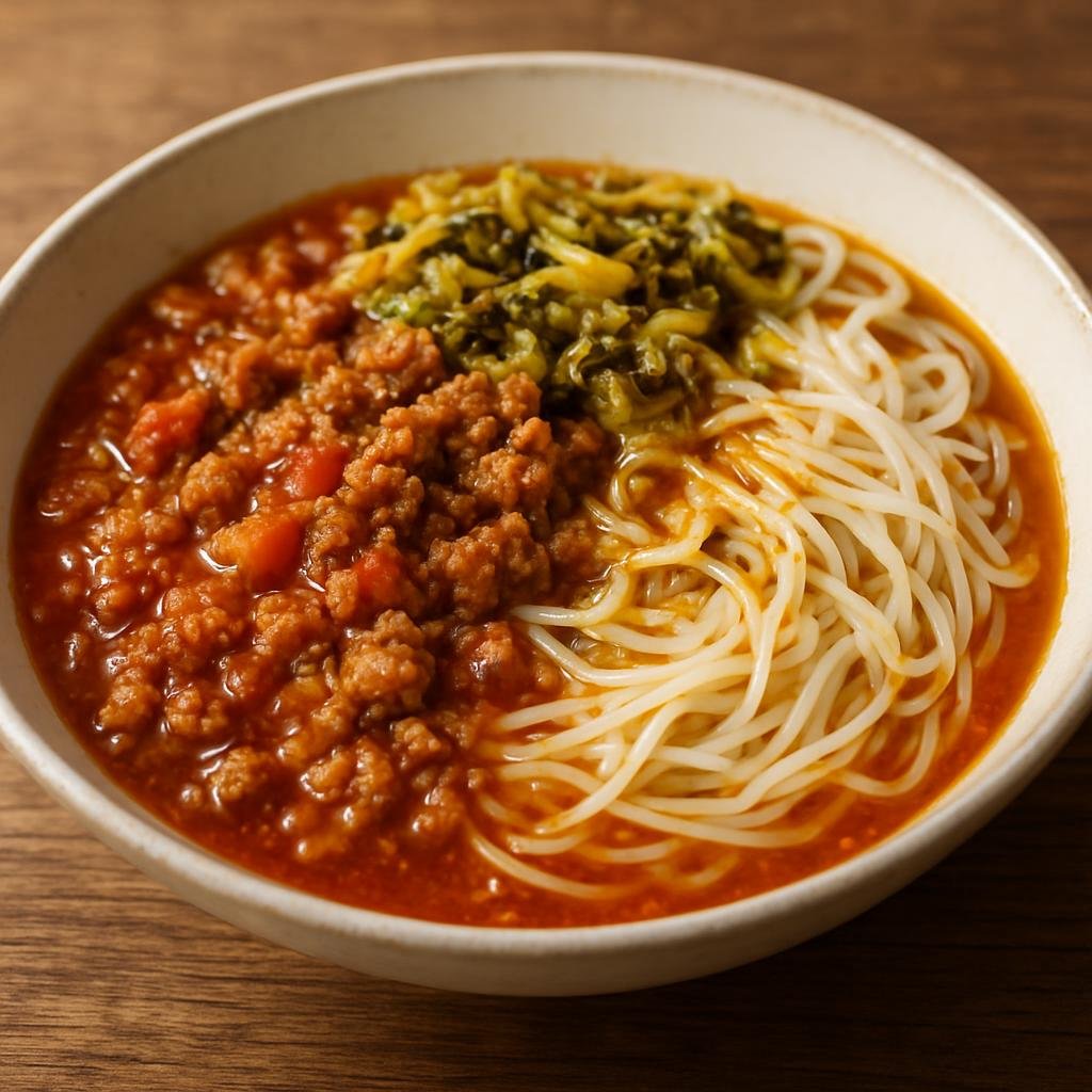Entree: Myanmar – Mon Cuisine – ရှမ်းခေါက်ဆွဲ ➤ Shan khauk swe (Rice noodle bowl with a savory tomato-meat sauce, pickled greens, and aromatic oils) recipe