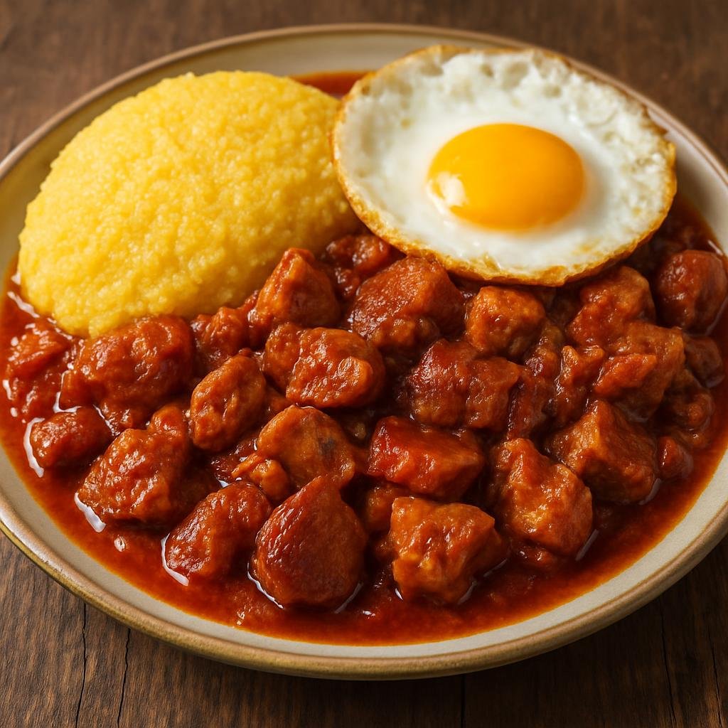 Entree: Romania – Moldavia – Tochitură Moldovenească (Hearty Moldavian pork and smoked-meat stew in a rich tomato-wine sauce served with polenta and fried egg) recipe