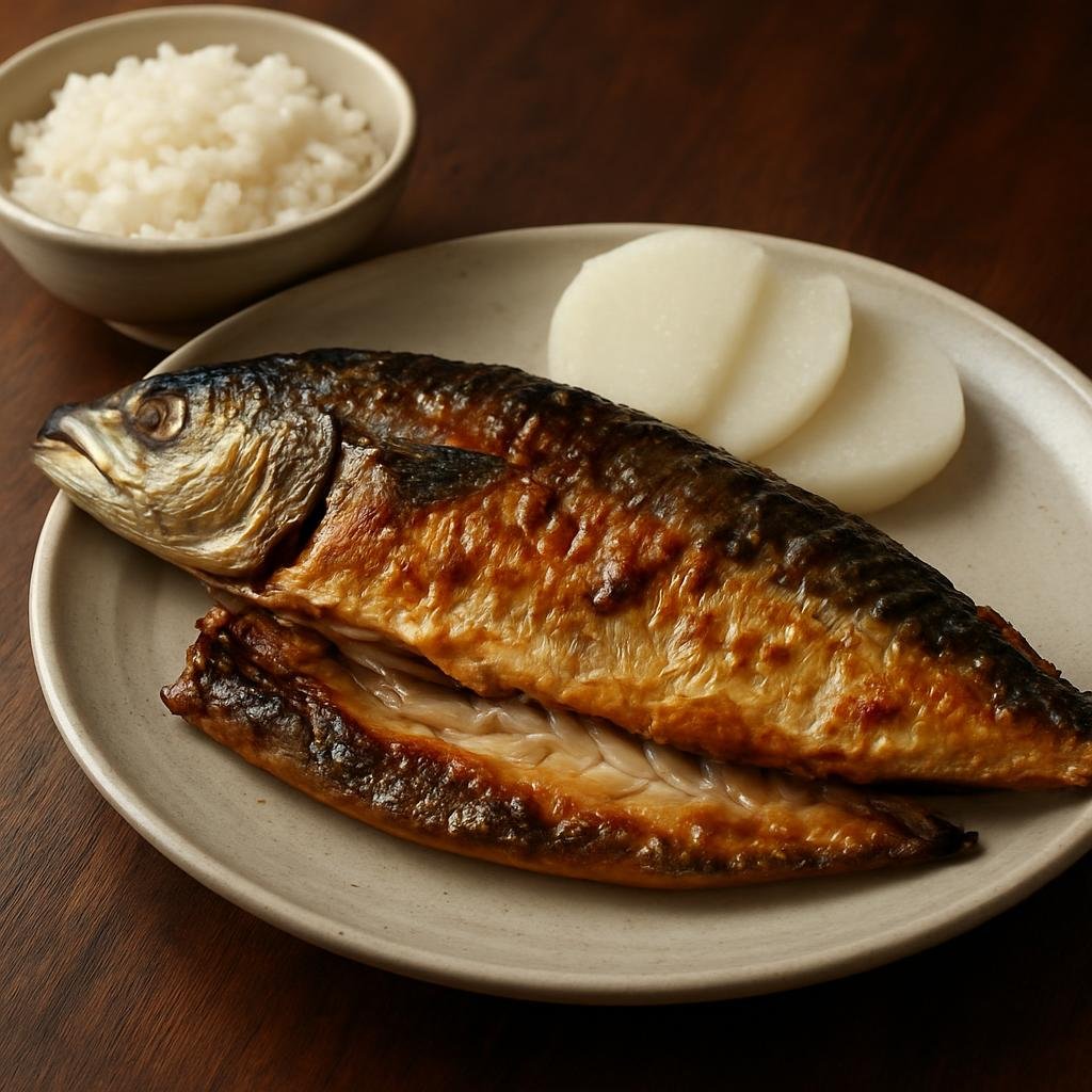 Entree: South Korea – Jeju – 고등어구이 ➤ Godeungeo-gui (Salt-seasoned grilled Pacific mackerel, typically served whole or split with radish and rice) recipe