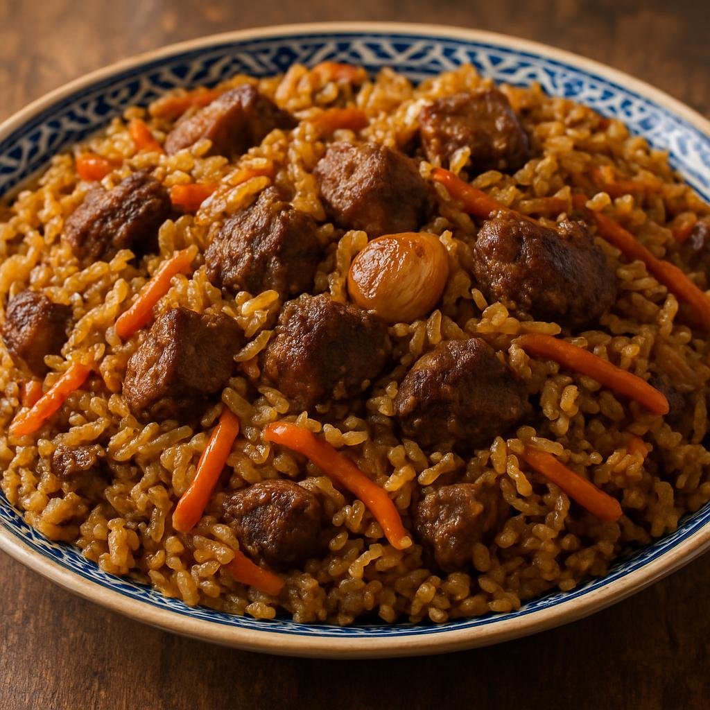 Entree: Uzbekistan – Khiva / Khorezm – Khorezm Pilaf (A hearty Khorezm-style rice pilaf cooked with lamb, carrots, onions, and warm spices) recipe