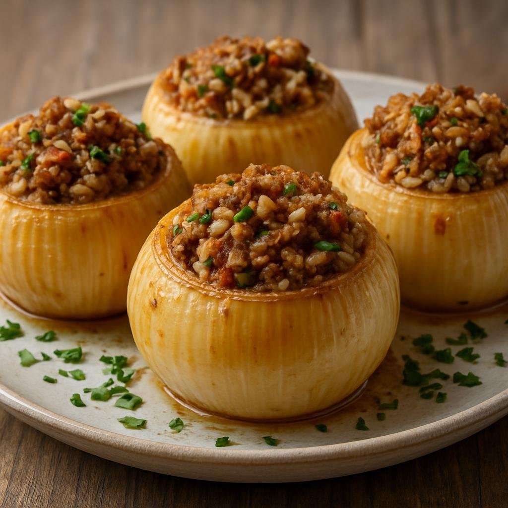 Entree: Bosnia and Herzegovina – Northern Culinary Region – Sogan-dolma (Hollowed and stuffed baked onions filled with seasoned minced meat and rice) recipe