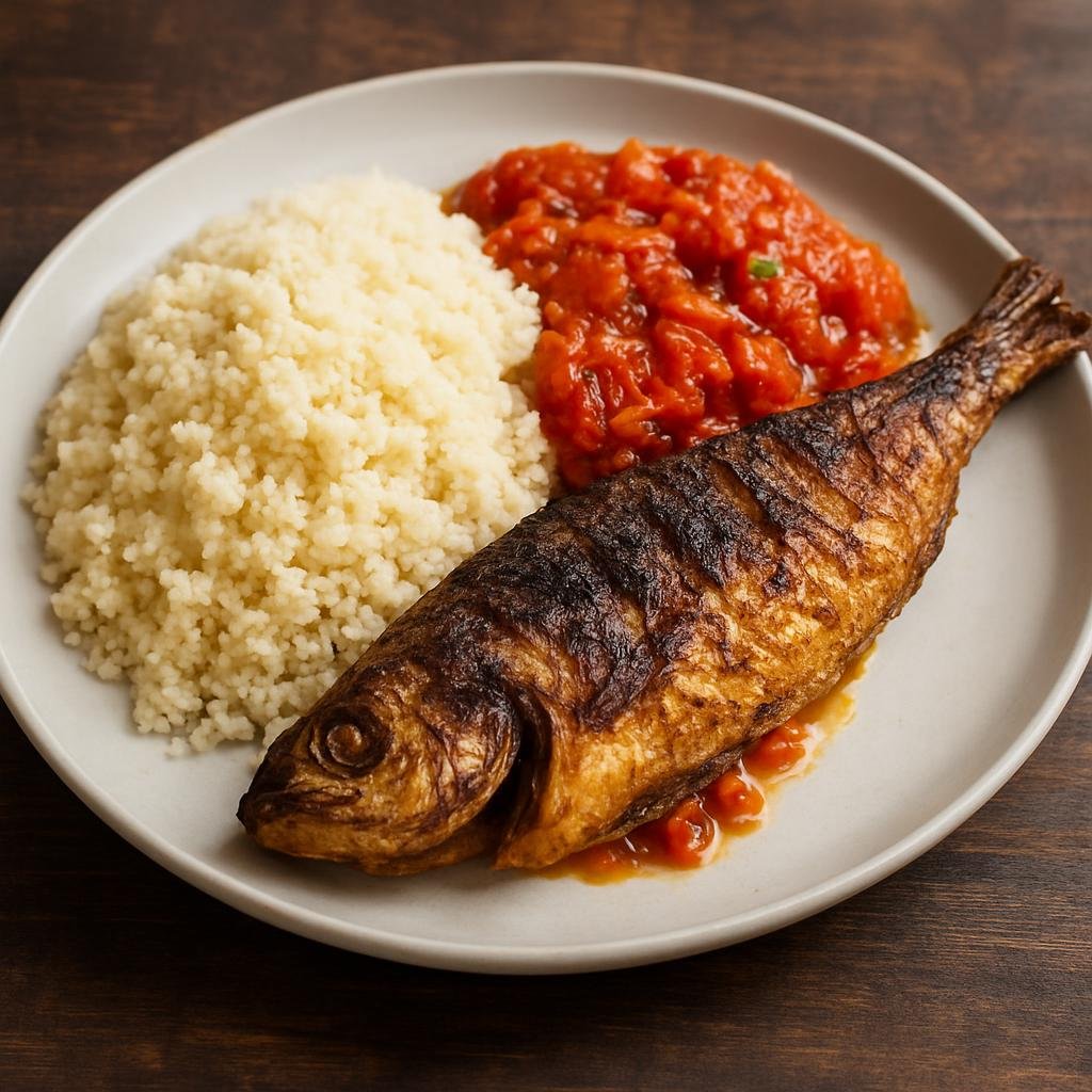 Entree: Cote d'Ivoire – Northern Culinary Region – Attiéké Poisson (Ivorian fermented cassava couscous served with spiced grilled or fried fish and a tangy tomato-onion sauce) recipe