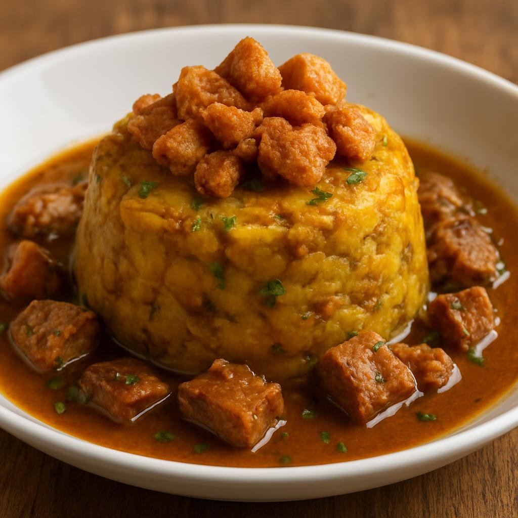 Entree: Dominican Republic – Northern Culinary Region – Mofongo (Mashed fried green plantains seasoned with garlic and pork cracklings, shaped into a mound and served with a savory broth or meat) recipe