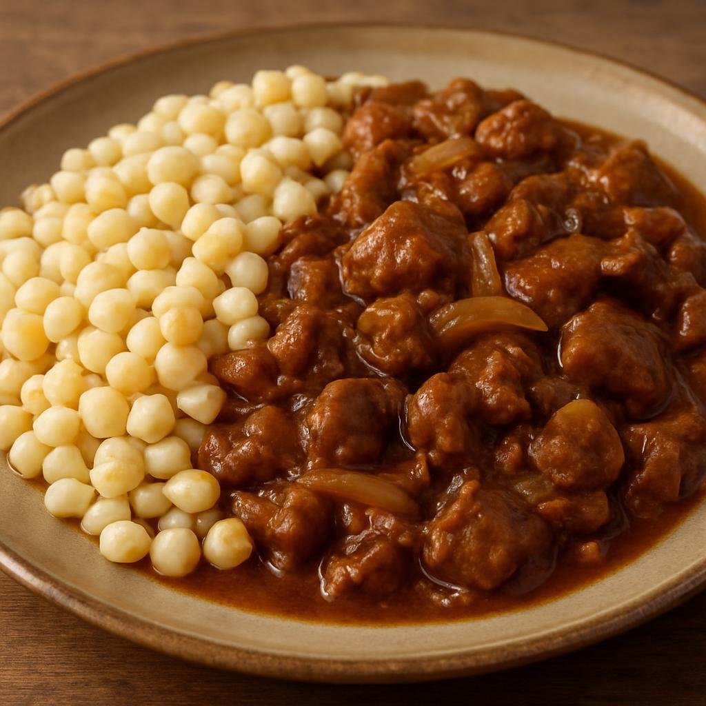 Entree: Eswatini – Northern Culinary Region – Tinkhobe (Boiled whole maize kernels traditionally served with a savory meat and onion gravy) recipe