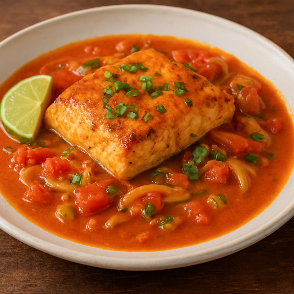 Entree: French Polynesia – Northern Culinary Region – Mahi Mahi a la Tahitienne (Tahitian-style mahi mahi poached in a coconut-lime tomato sauce with aromatics) recipe