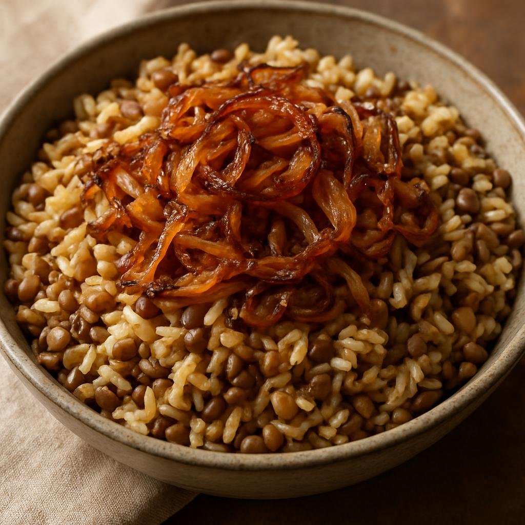 Entree: Lebanon – Mount Lebanon – مجدرة ➤ Mujaddara (A hearty dish of cooked lentils and rice seasoned and topped with deeply caramelized onions) recipe