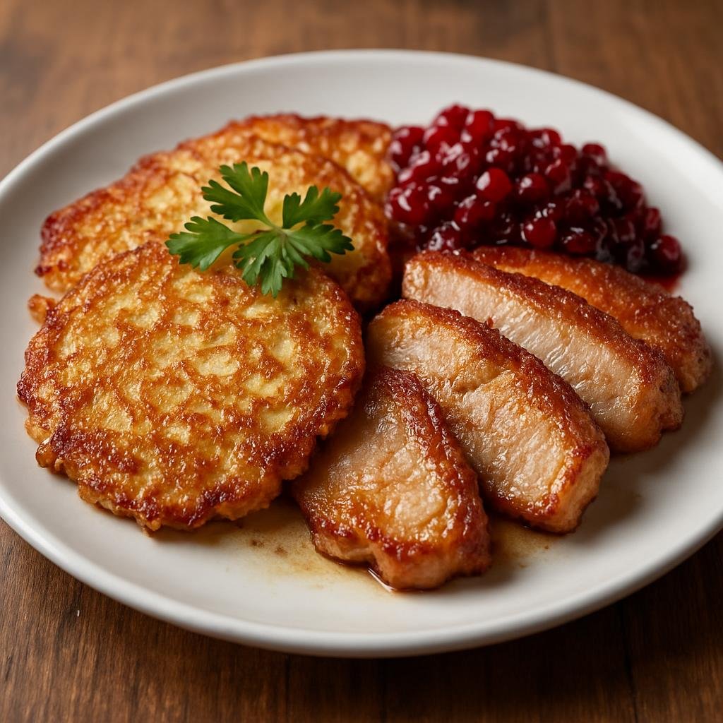 Entree: Sweden – Stockholm & Central Sweden – Raggmunk med Fläsk (Crisp potato pancakes pan-fried and served with fried pork and lingonberries) recipe