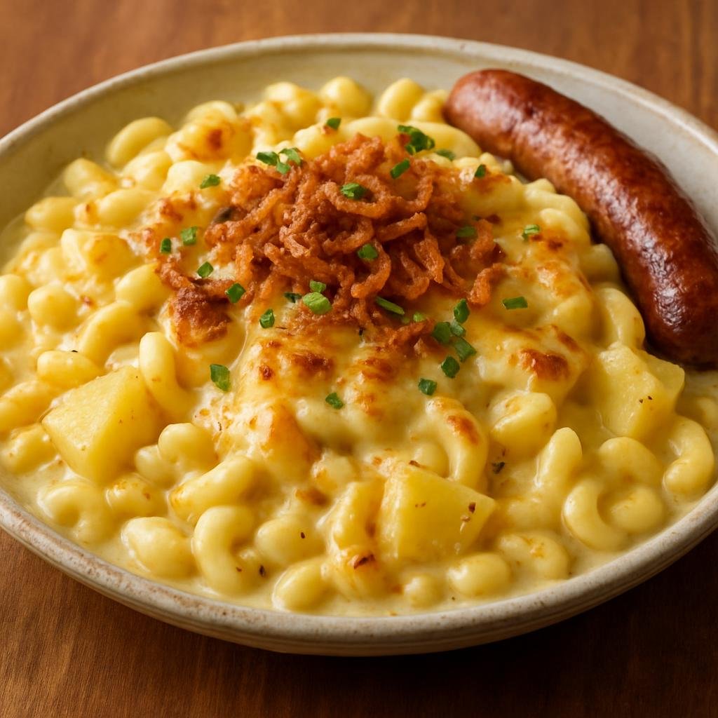 Entree: Switzerland – German Swiss – Älplermagronen (Hearty Swiss alpine baked macaroni and potatoes in cream and melted cheese) recipe