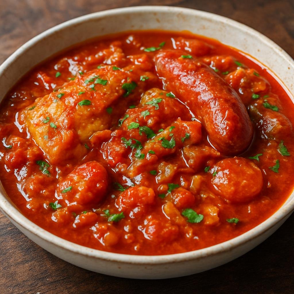 Entree: Mauritius – Southern Culinary Region – Rougaille (Mauritian Creole tomato-based stew typically cooked with sausages, fish, or chicken) recipe