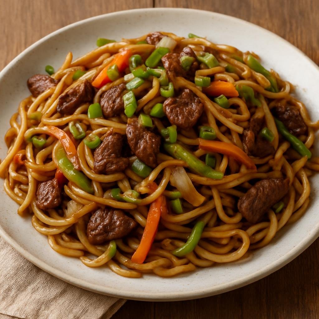 Entree: Mongolia – Southern Culinary Region – Цуйван ➤ Tsuivan (Mongolian stir-fried wheat noodles cooked with beef and mixed vegetables) recipe