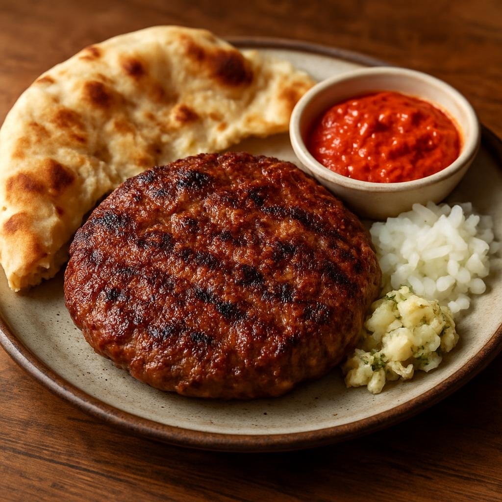 Entree: Montenegro – Southern Culinary Region – Pljeskavica (A Balkan grilled mixed-meat patty, richly seasoned and traditionally served with flatbread and condiments) recipe