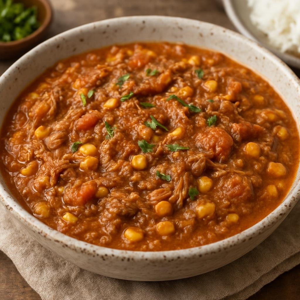 Entree: Nicaragua – Southern Culinary Region – Indio Viejo (Traditional Nicaraguan slow-simmered shredded beef stew thickened with corn masa and tomatoes) recipe