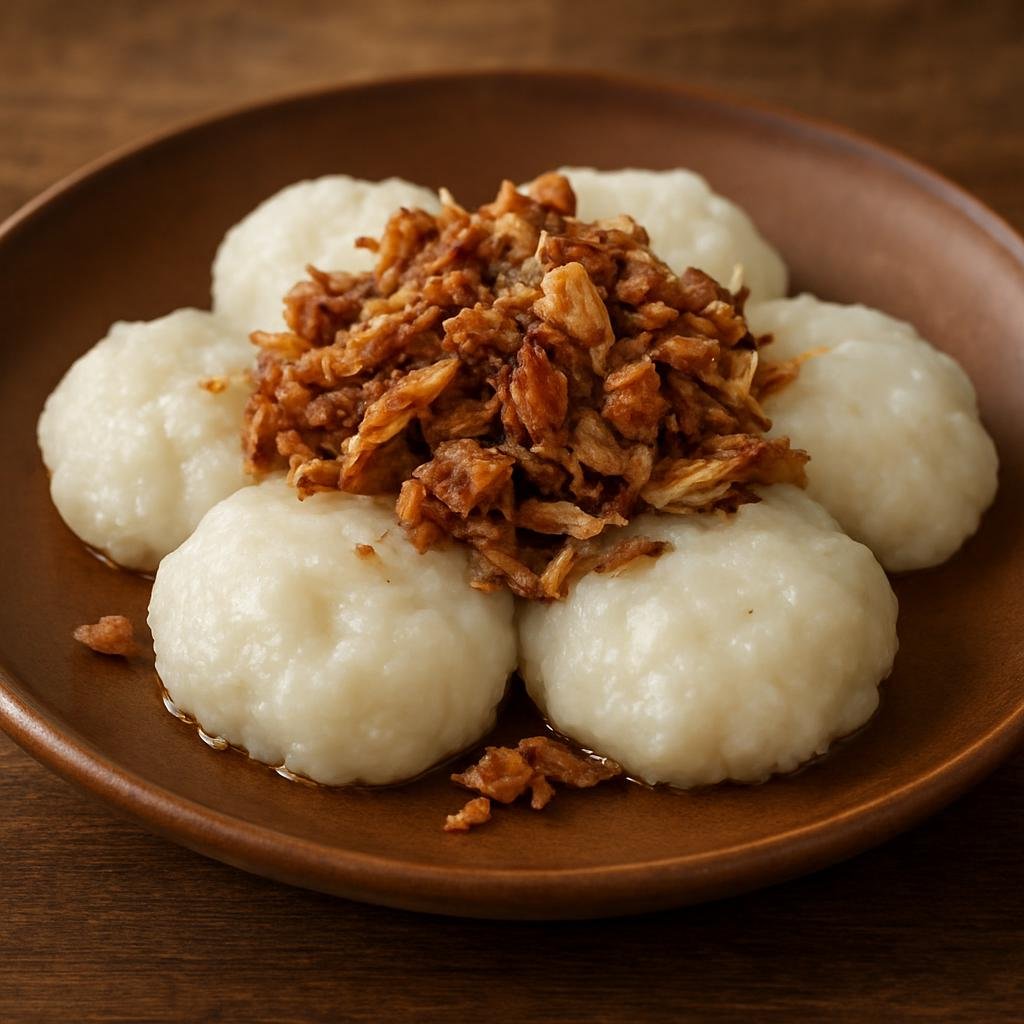 Entree: Papua New Guinea – Southern Culinary Region – Saksak (Steamed sago and coconut dumplings with flaked smoked fish served as a hearty main) recipe