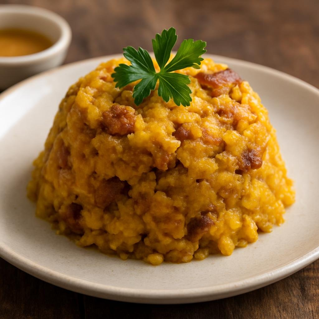 Entree: Puerto Rico – Southern Culinary Region – Mofongo (Mashed fried green plantains mixed with garlic and pork cracklings, shaped into a mound) recipe