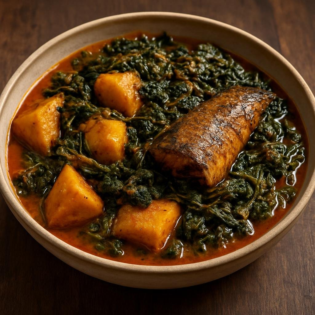 Entree: Republic of the Congo – Southern Culinary Region – Fumbwa (Stewed cassava or wild-leaf greens cooked with palm oil and smoked fish) recipe