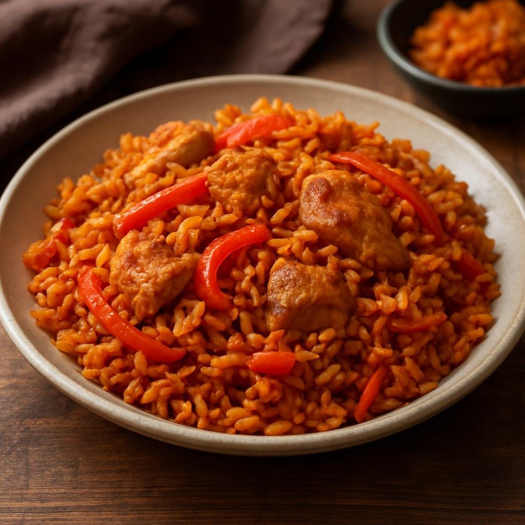 Entree: Sierra Leone – Southern Culinary Region – Jollof Rice (West African one-pot spiced tomato rice cooked with peppers and protein) recipe