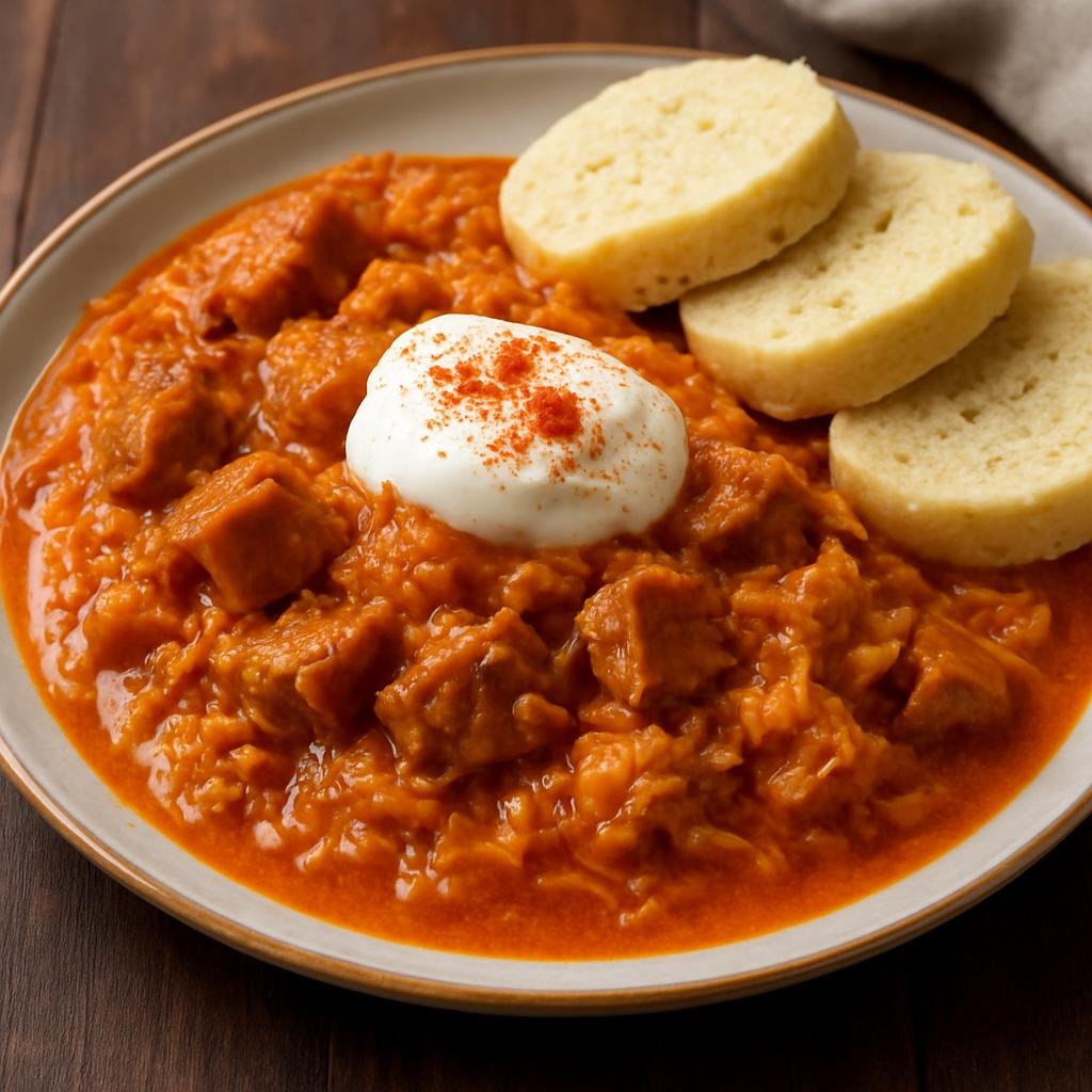 Entree: Slovakia – Southern Culinary Region – Segedínsky Guláš (Hearty pork and sauerkraut goulash finished with paprika and sour cream) recipe