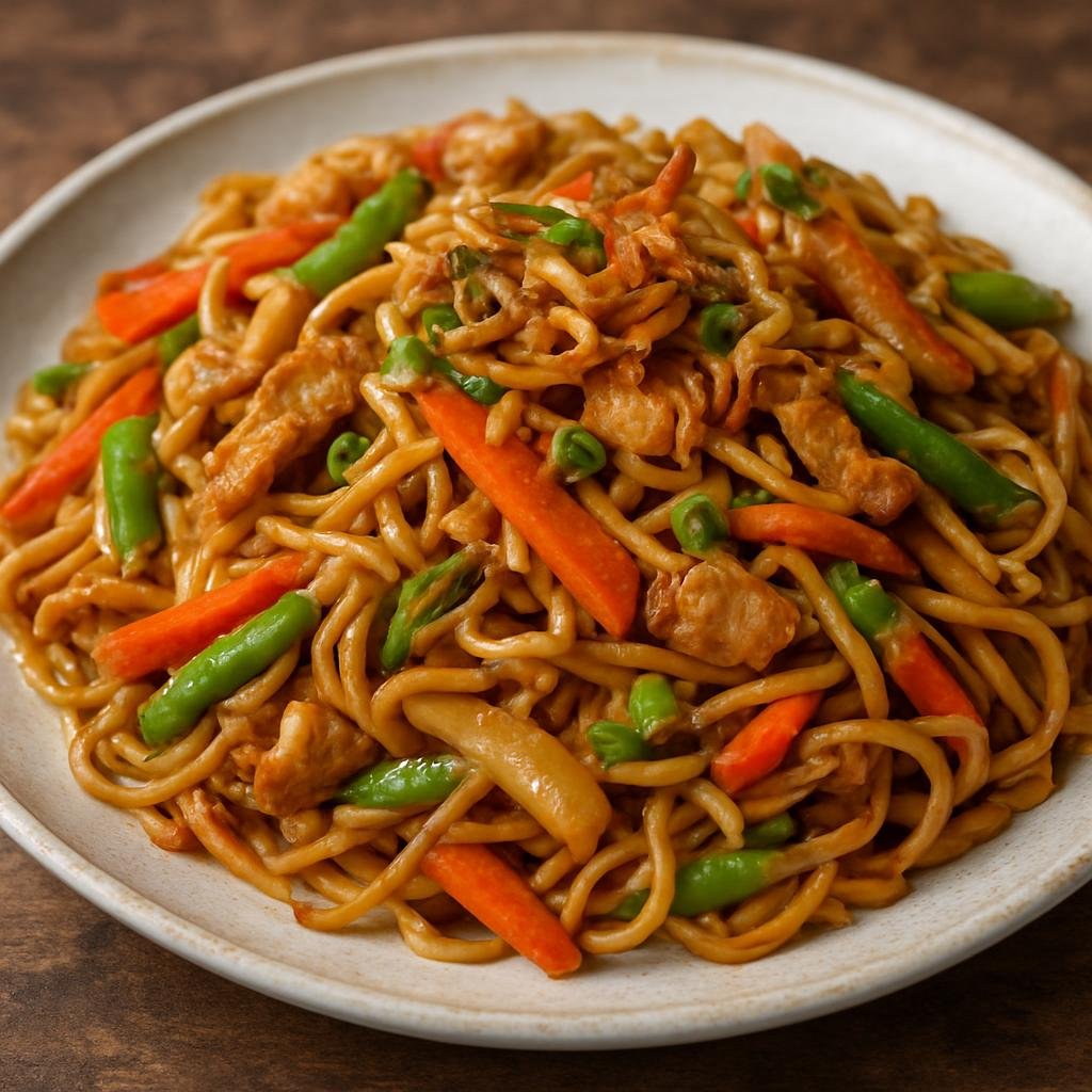 Entree: Suriname – Southern Culinary Region – Bami Goreng (Stir-fried seasoned egg noodles with vegetables and protein in a savory-sweet Indonesian-influenced sauce) recipe