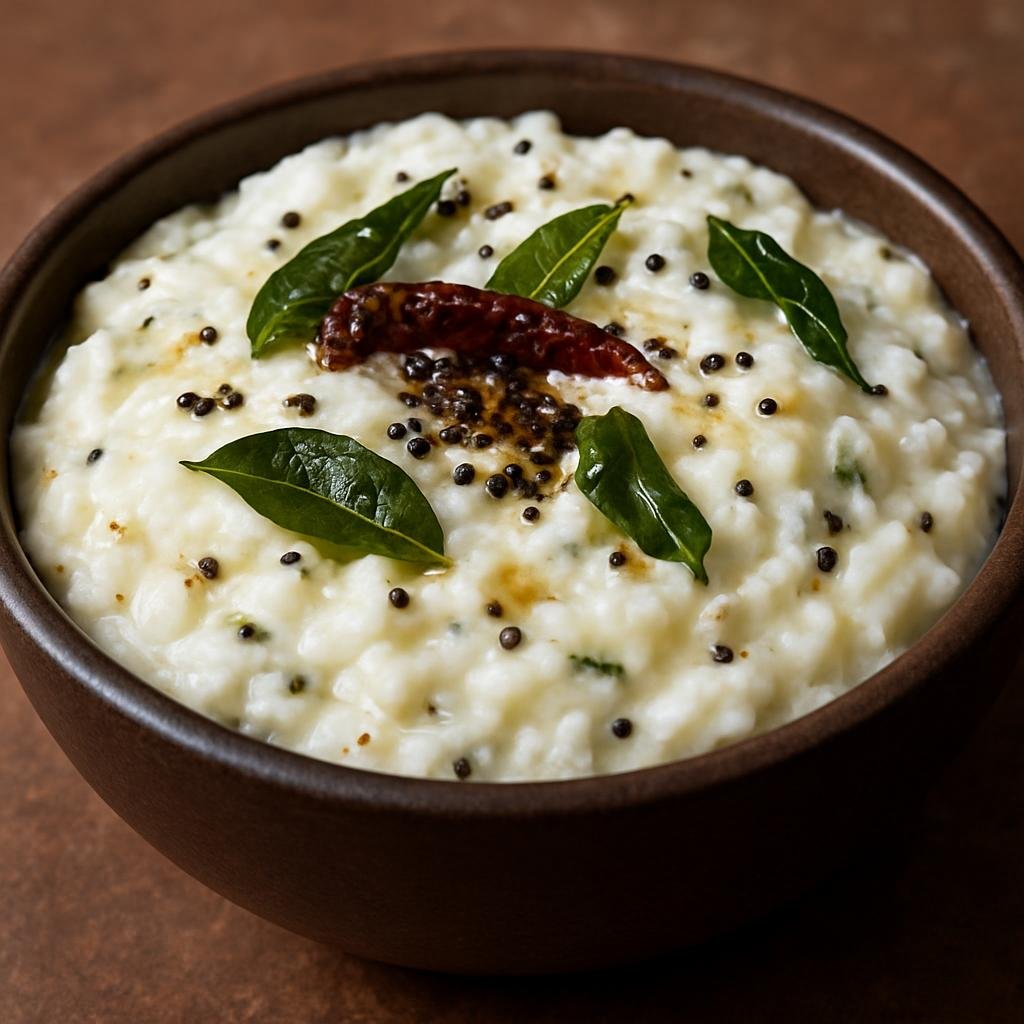 Entree: India – Tamil Nadu – தயிர் சாதம் ➤ Thayir Sadam (Cooked rice mixed with yogurt and tempered spices, served as a comforting South Indian curd rice) recipe