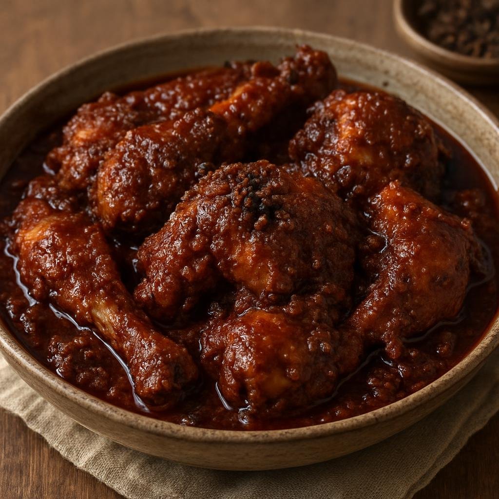 Entree: Indonesia – Batak – Manuk Napinadar (Batak chicken dressed with a thickened spiced blood sauce flavored with andaliman pepper) recipe