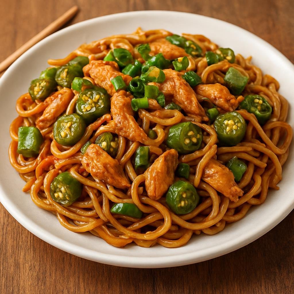Entree: Brazil – Brazilian Japanese – Yakissoba de Frango com Quiabo (Brazilian-style stir-fried wheat noodles with chicken and okra in a savory sauce) recipe