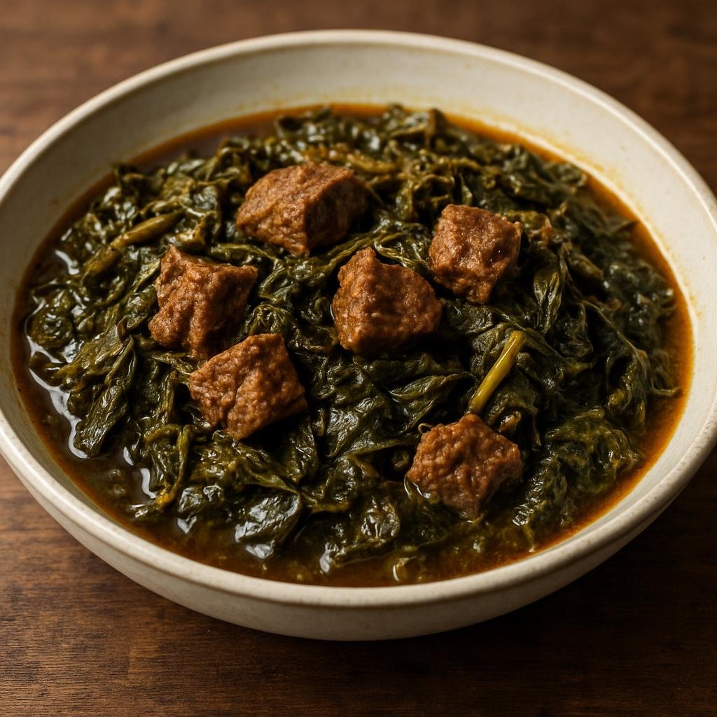 Entree: Ethiopia – Amhara – ጎመን በስጋ ➤ Gomen be-siga (Ethiopian braised collard greens cooked with spiced beef and clarified butter) recipe