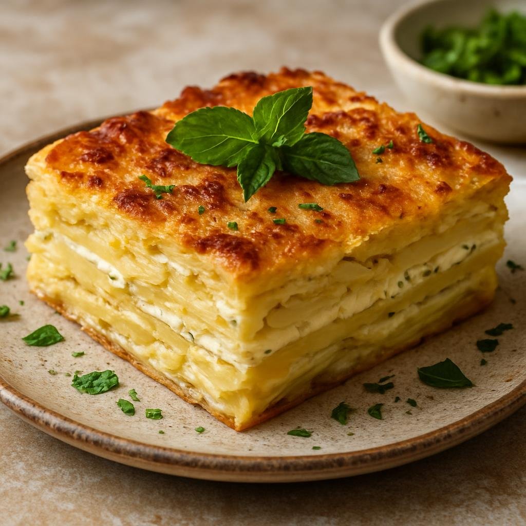 Entree: Greece – Crete – Μπουρέκι ➤ Boureki (Cretan baked layered potato and cheese pie flavored with mint) recipe