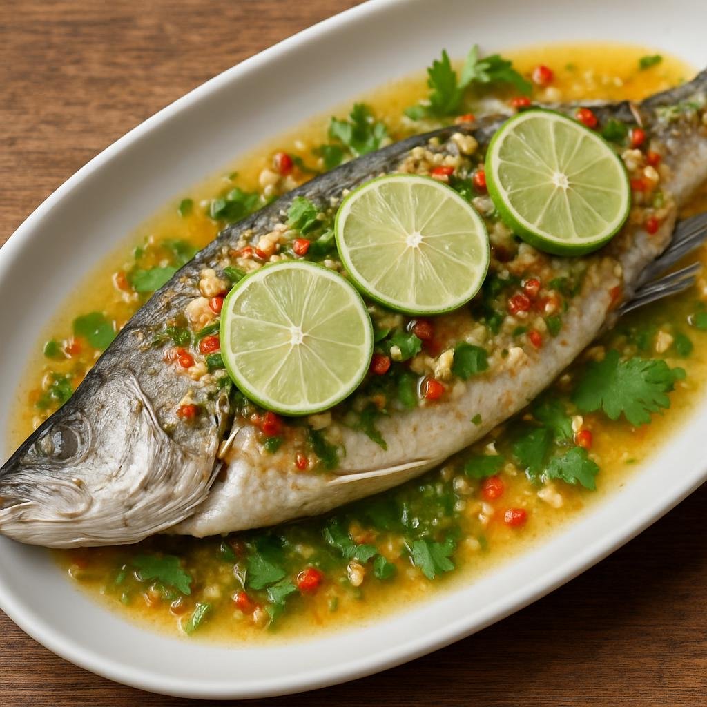 Entree: Thailand – Coastal Thai Seafood – ปลากะพงนึ่งมะนาว ➤ Pla kapong neung manao (Whole sea bass steamed and dressed with a spicy lime-garlic-chili sauce) recipe