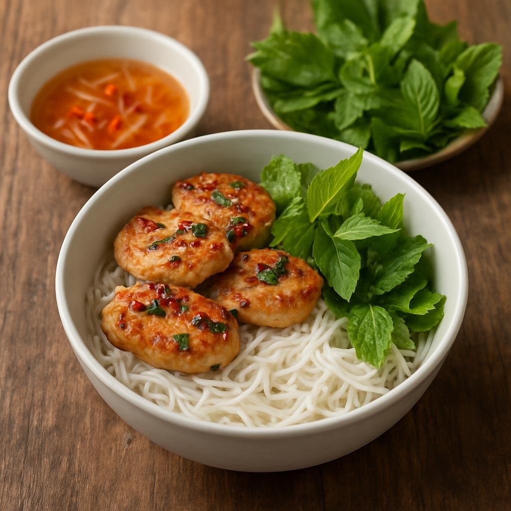 Entree: Vietnam – Hoi An / Da Nang – Bun Cha Ca (Grilled fish cake and rice vermicelli bowl served with fragrant herbs and a light fish-sauce broth) recipe