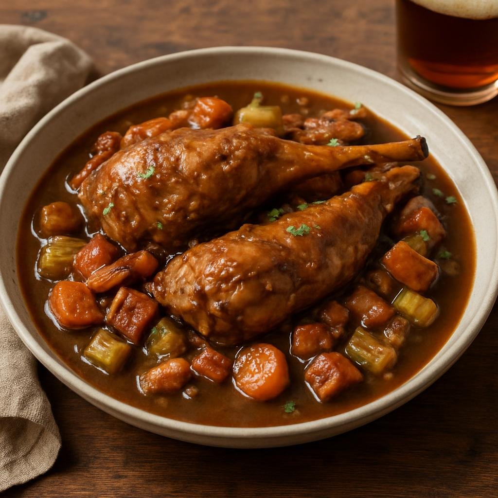 Entree: Belgium – Central Culinary Region – Lapin à la Gueuze (Rabbit braised in Belgian Gueuze beer with bacon and aromatic vegetables) recipe