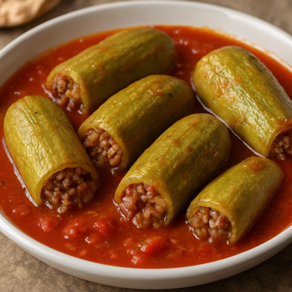 Entree: Syria – Damascus – كوسا محشي ➤ Kousa Mahshi (Zucchini hollowed and stuffed with a spiced rice and lamb mixture, simmered in a tomato-lemon sauce) recipe