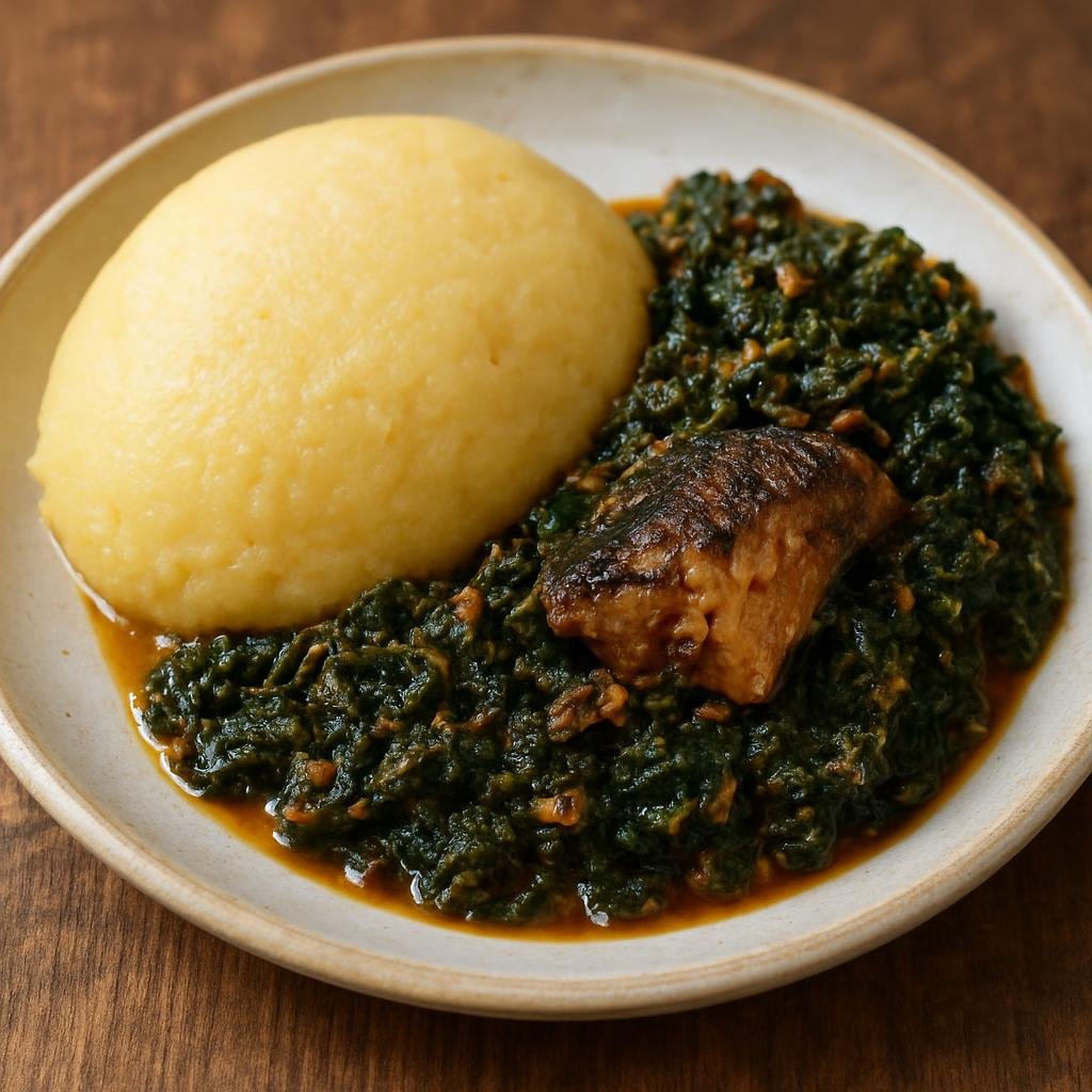 Entree: Cameroon – Northern Culinary Region – Fufu Corn and Njama Njama (Stiff corn fufu served with njama njama, a sautéed bitterleaf greens stew often with smoked fish) recipe