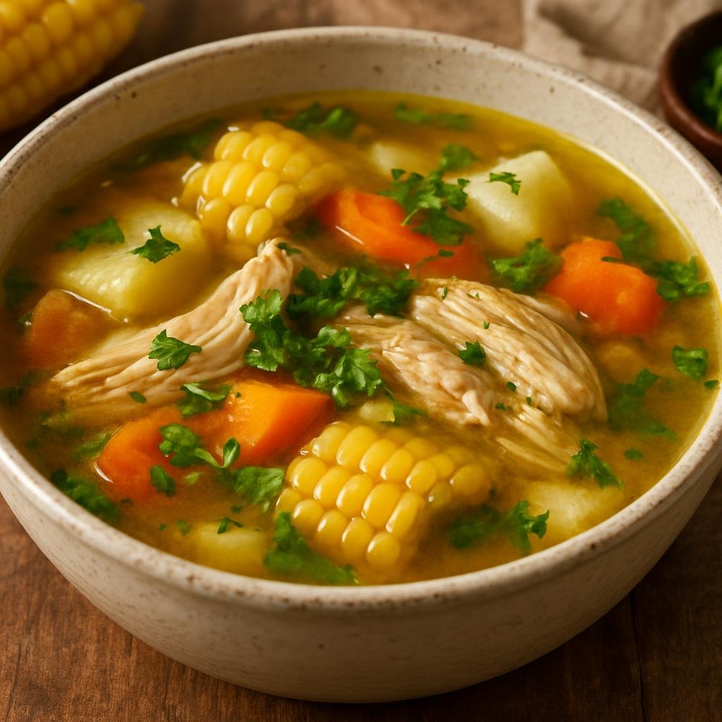 Entree: El Salvador – Northern Culinary Region – Sopa de Gallina India (Rustic Salvadoran hen soup with root vegetables, corn, and bright herbs) recipe