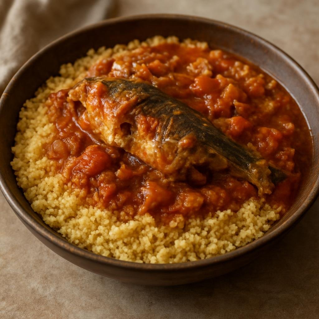 Entree: Mauritania – Southern Culinary Region – الكسكس بالسمك ➤ Al-kuskus bil-samak (Steamed semolina couscous served with a spiced tomato-and-fish stew) recipe