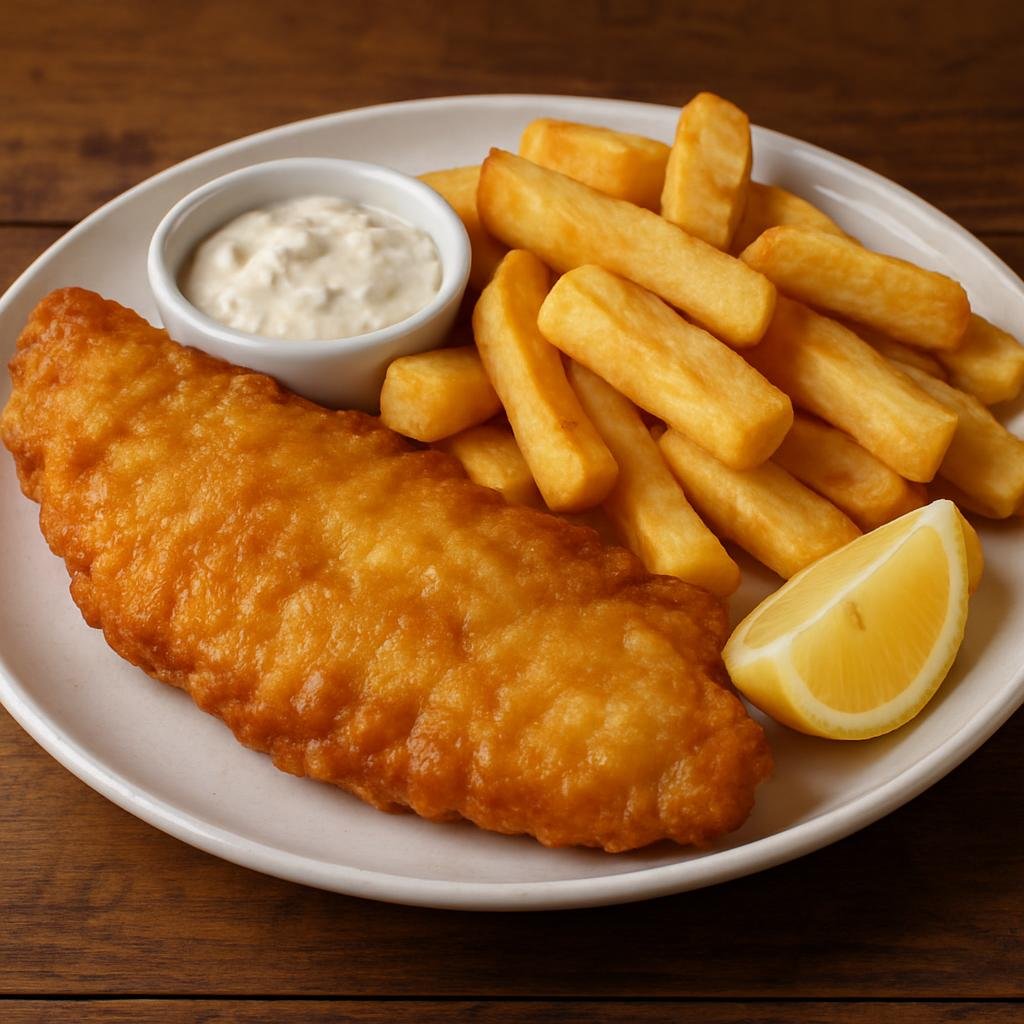 Entree: New Zealand – South Island – Blue Cod Fish and Chips (Crispy beer-battered blue cod served with thick-cut fried potatoes) recipe